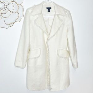 WD.NY tweed long jacket in an off white with fringe trim